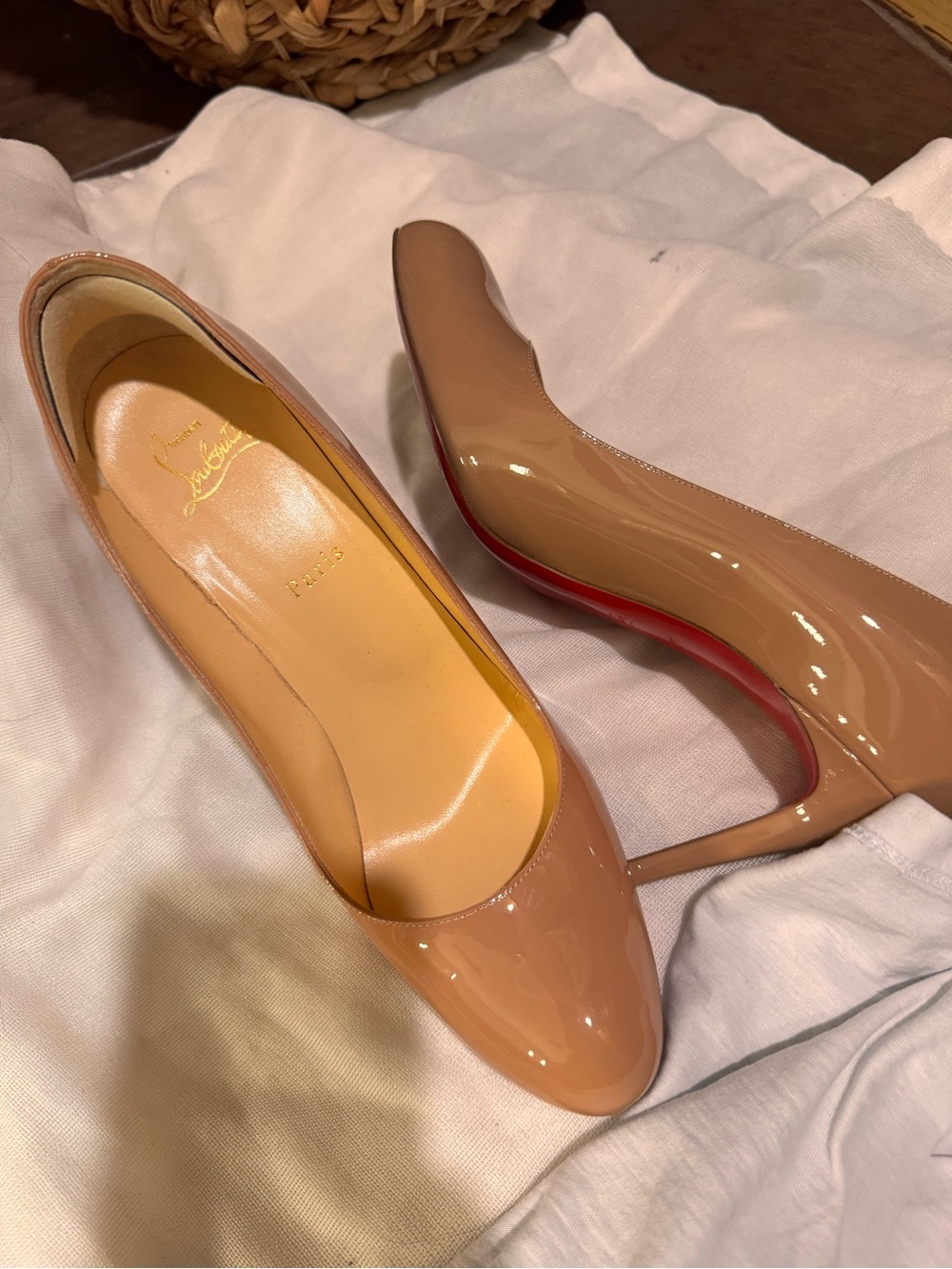 Christian Louboutin Nude Patent Stiletto Pumps with Signature Red Soles - Picture 2 of 11